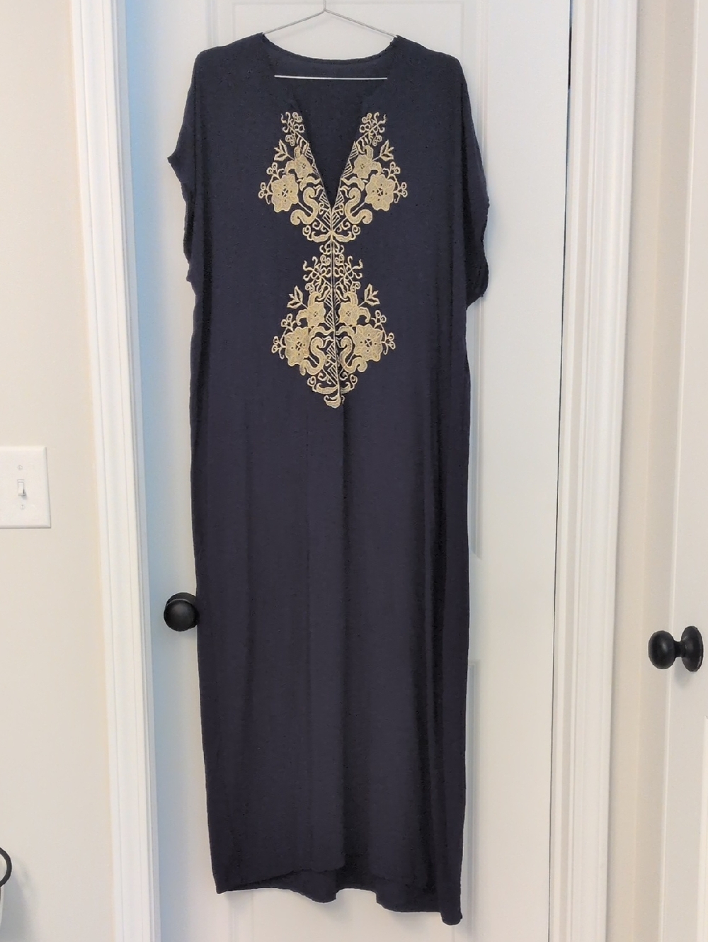 Navy Maxi Dress with Gold Embroidered Front Beach Cover One Size